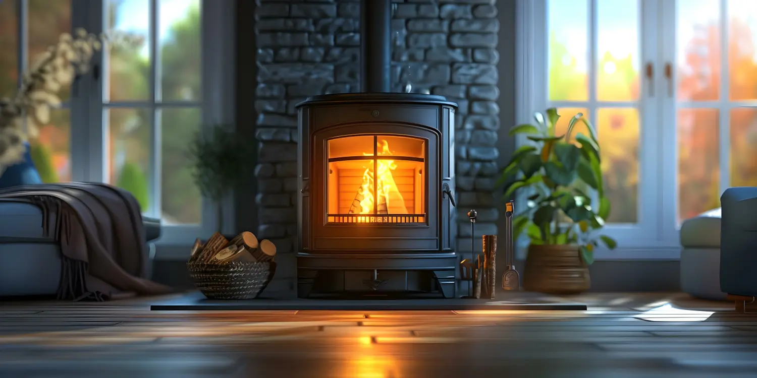 Panorama-3D-Pelletofen zum Heizen und Schaffen von Atmosphäre im Wohnzimmer. Konzept für Hausheizung, Ambientegestaltung, Energieeffizienz, modernes Design, intelligente Technologie